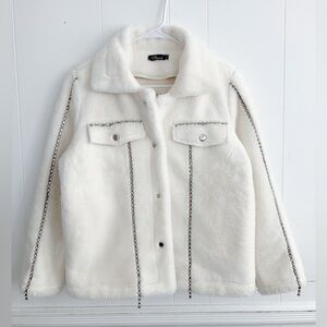 White faux fur jacket with rhinestones for women